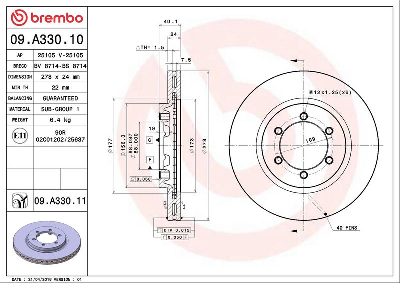 Тормозной диск BREMBO 09A33011
