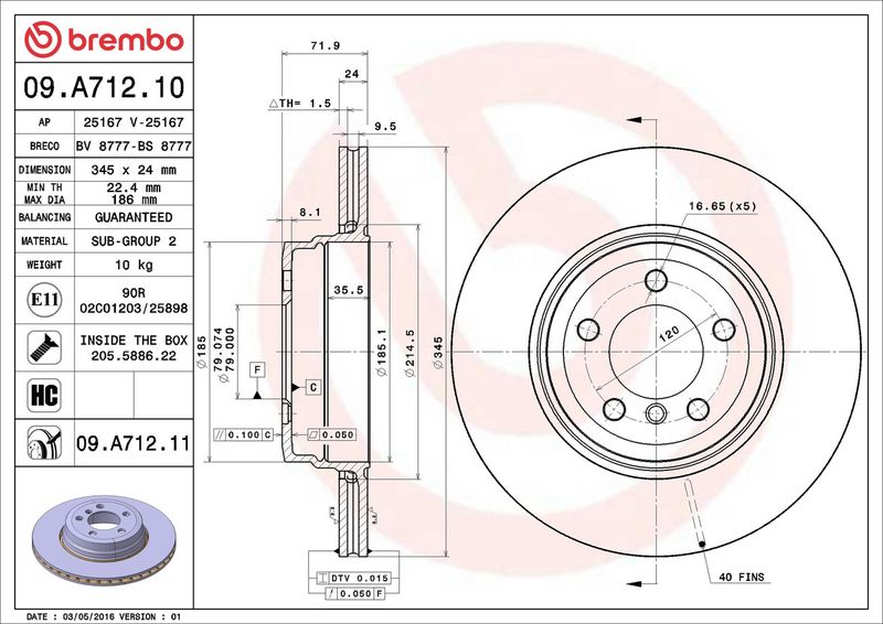 Тормозной диск BREMBO 09A71211