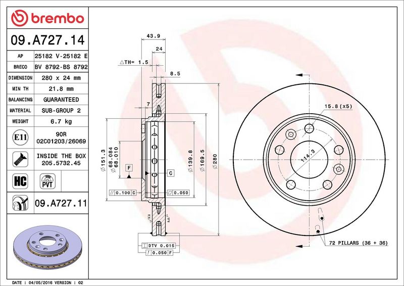 Тормозной диск BREMBO 09A72714