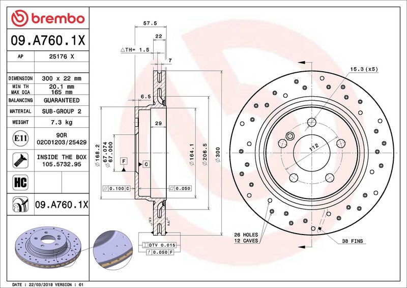 Тормозной диск BREMBO 09A7601X