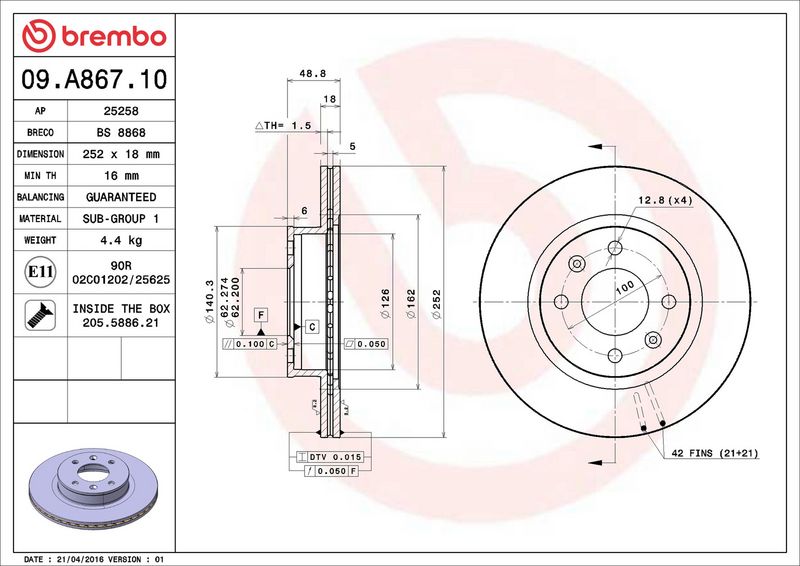 Тормозной диск BREMBO 09A86710