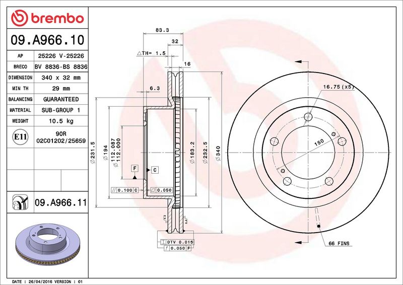 Тормозной диск BREMBO 09A96610