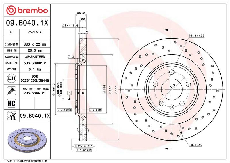 Тормозной диск BREMBO 09B0401X