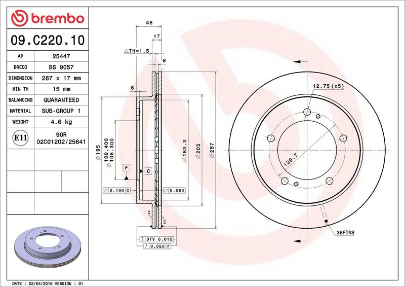 Тормозной диск BREMBO 09C22010