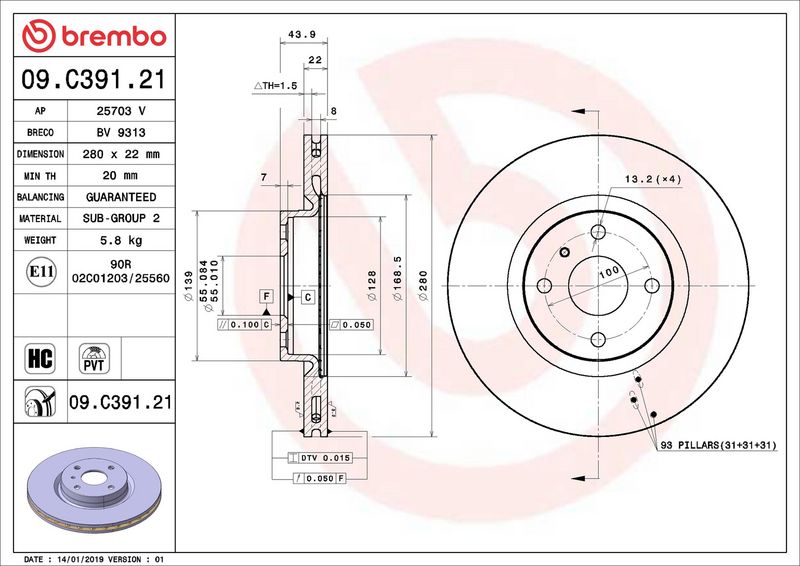 Тормозной диск BREMBO 09C39121