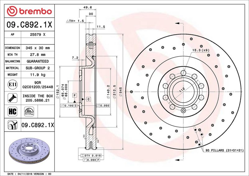 Тормозной диск BREMBO 09C8921X