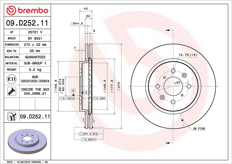 Тормозной диск BREMBO 09D25211