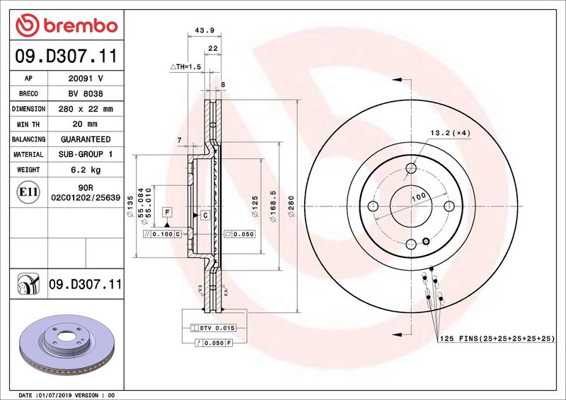 Тормозной диск BREMBO 09D30711