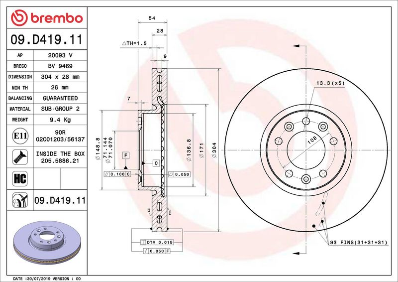 Тормозной диск BREMBO 09D41911