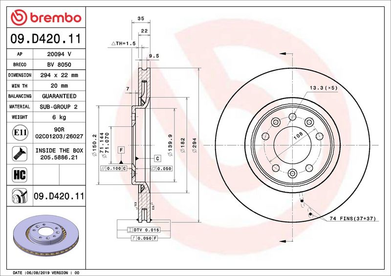 Тормозной диск BREMBO 09D42011