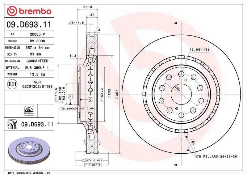 Тормозной диск BREMBO 09D69311