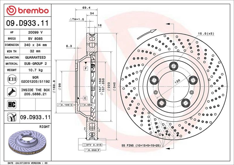Тормозной диск BREMBO 09D93311