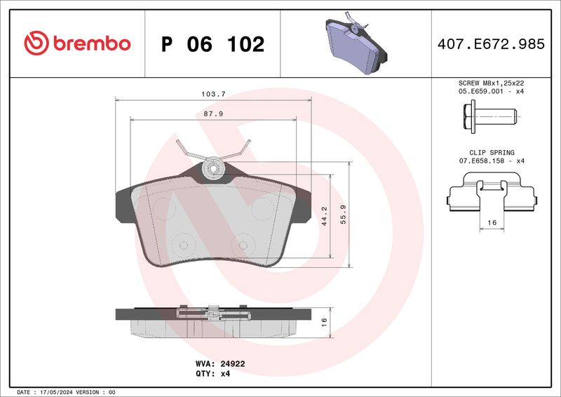 Комплект тормозных колодок, дисковый тормоз BREMBO P06102