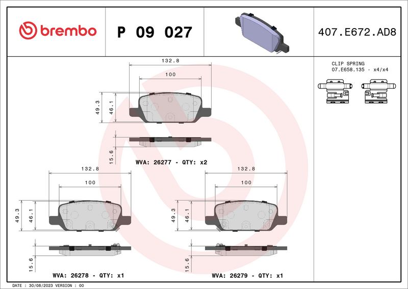 Комплект тормозных колодок, дисковый тормоз BREMBO P09027