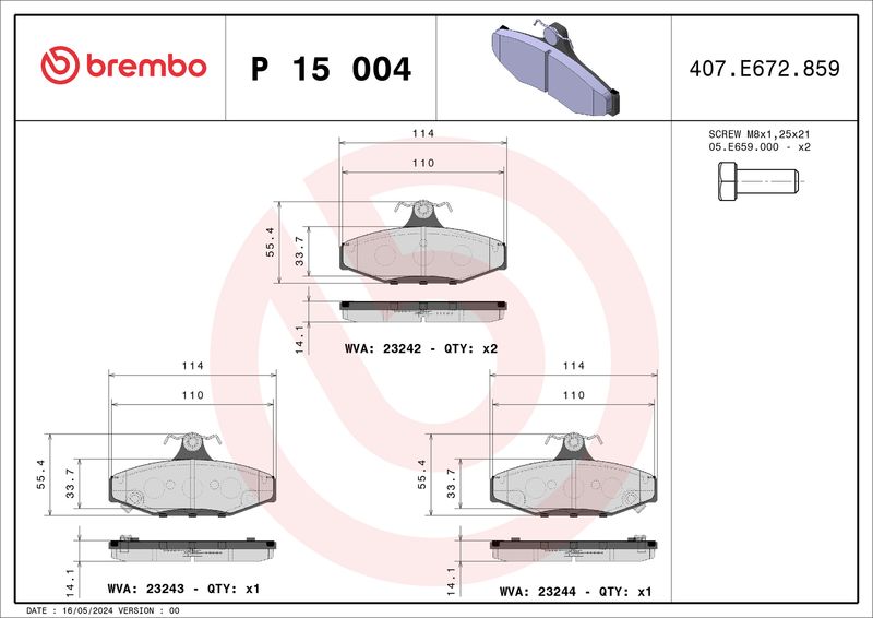 Комплект тормозных колодок, дисковый тормоз BREMBO P15004