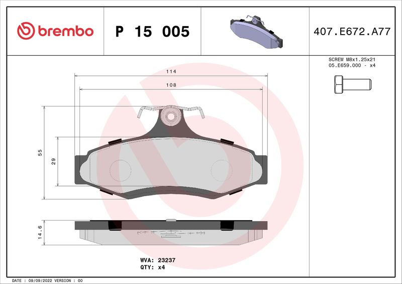 Комплект тормозных колодок, дисковый тормоз BREMBO P15005