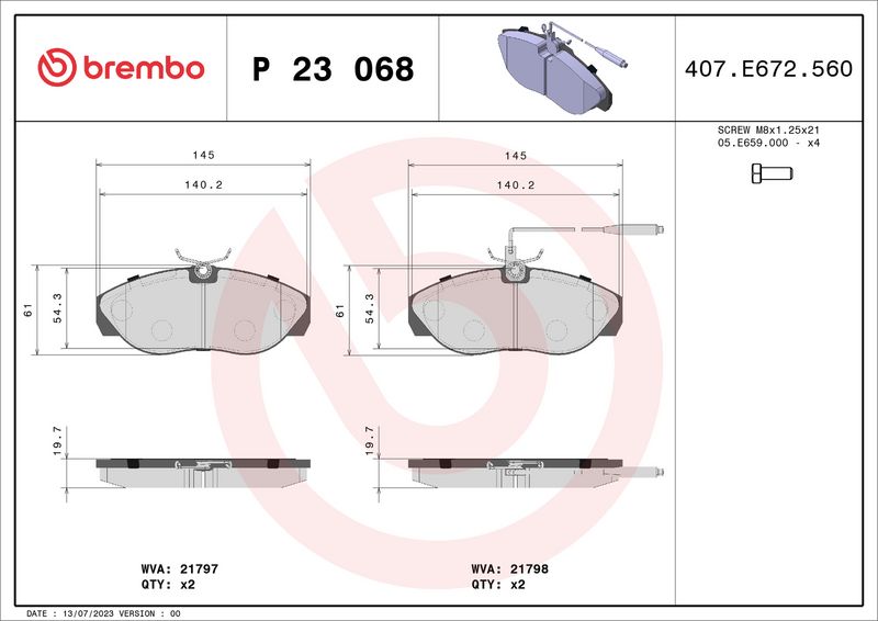 Комплект тормозных колодок, дисковый тормоз BREMBO P23068