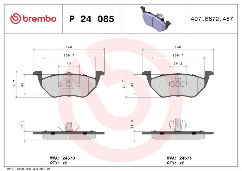 Комплект тормозных колодок, дисковый тормоз BREMBO P24085