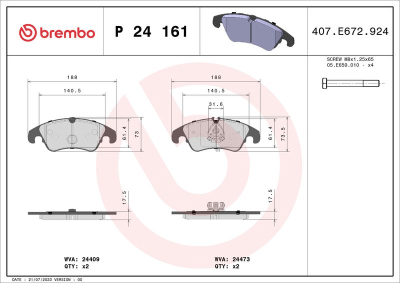 Комплект тормозных колодок, дисковый тормоз BREMBO P24161