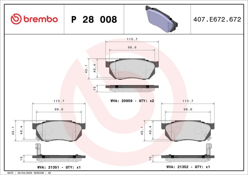 Комплект тормозных колодок, дисковый тормоз BREMBO P28008