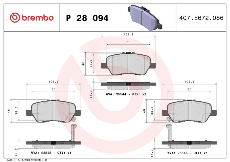 Комплект тормозных колодок, дисковый тормоз BREMBO P28094