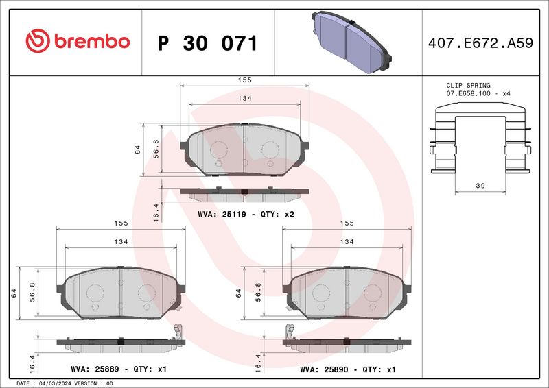Комплект тормозных колодок, дисковый тормоз BREMBO P30071