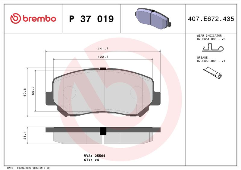 Комплект тормозных колодок, дисковый тормоз BREMBO P37019