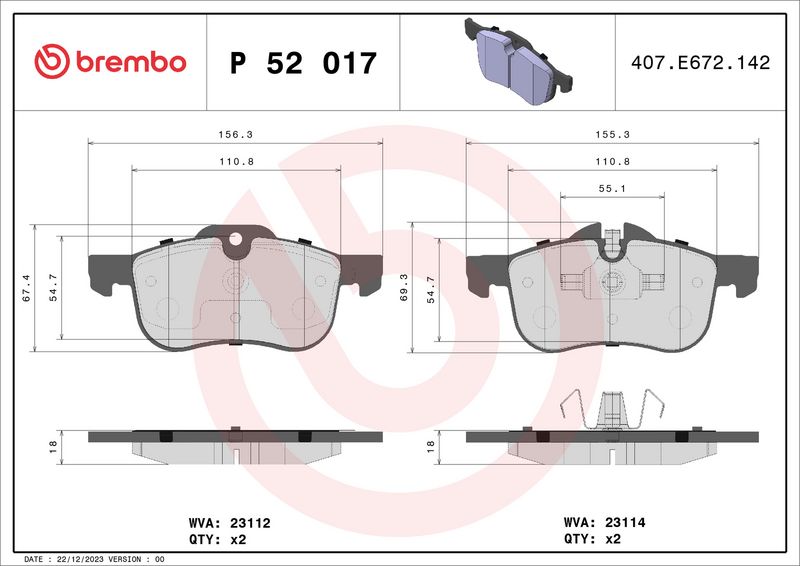 Комплект тормозных колодок, дисковый тормоз BREMBO P52017