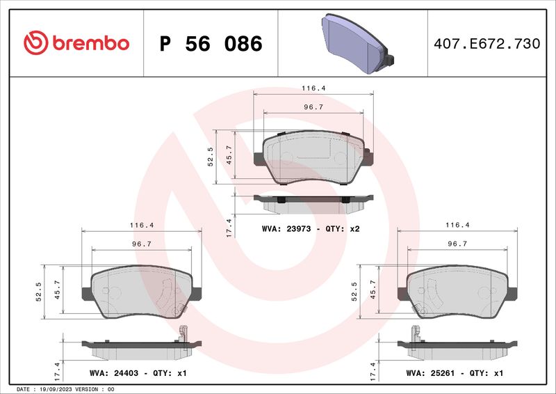 Комплект тормозных колодок, дисковый тормоз BREMBO P56086