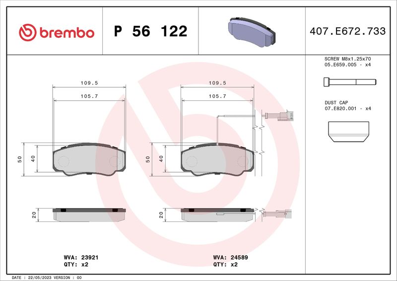 Комплект тормозных колодок, дисковый тормоз BREMBO P56122