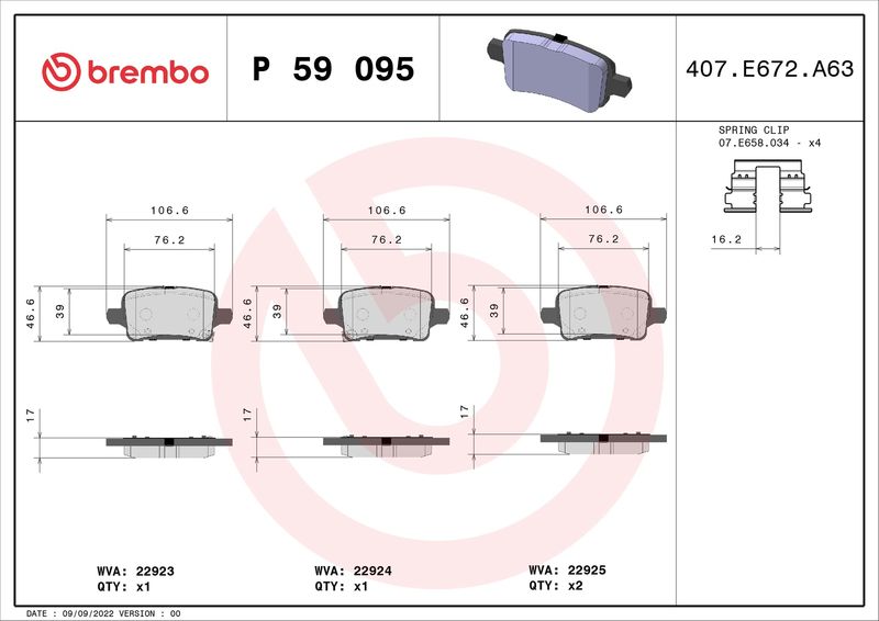 Комплект тормозных колодок, дисковый тормоз BREMBO P59095