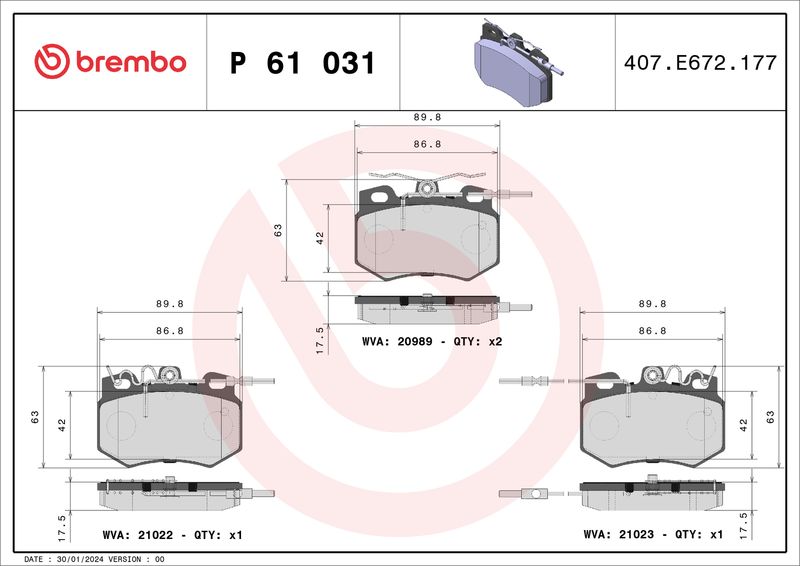 Комплект тормозных колодок, дисковый тормоз BREMBO P61031