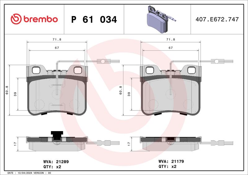 Комплект тормозных колодок, дисковый тормоз BREMBO P61034