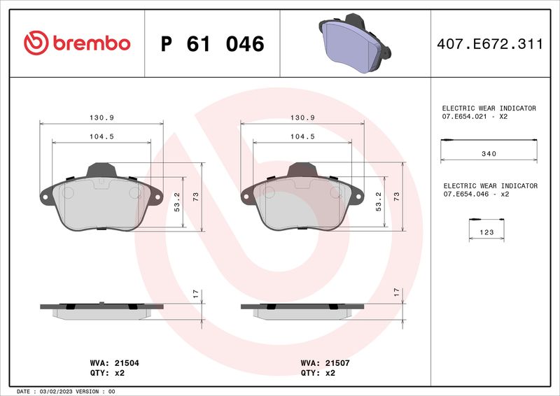 Комплект тормозных колодок, дисковый тормоз BREMBO P61046
