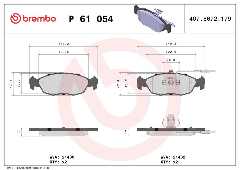 Комплект тормозных колодок, дисковый тормоз BREMBO P61054