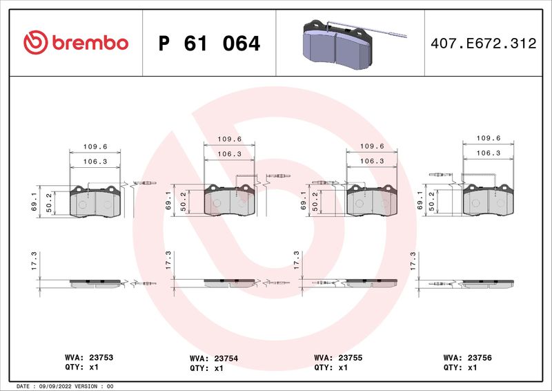 Комплект тормозных колодок, дисковый тормоз BREMBO P61064