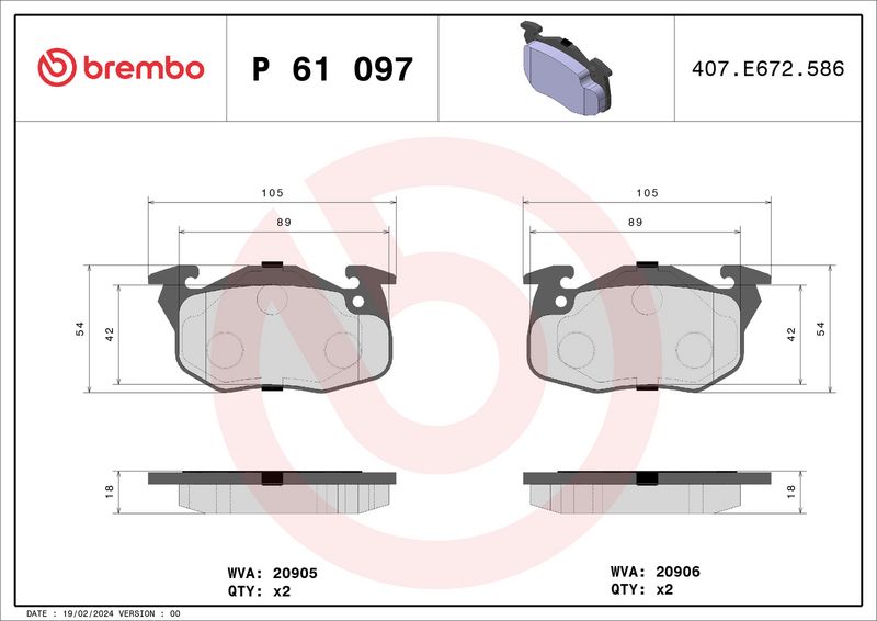 Комплект тормозных колодок, дисковый тормоз BREMBO P61097