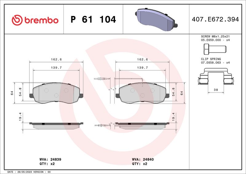 Комплект тормозных колодок, дисковый тормоз BREMBO P61104