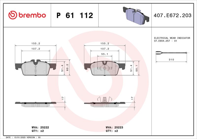 Комплект тормозных колодок, дисковый тормоз BREMBO P61112