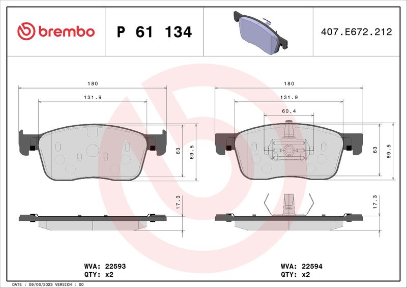 Комплект тормозных колодок, дисковый тормоз BREMBO P61134