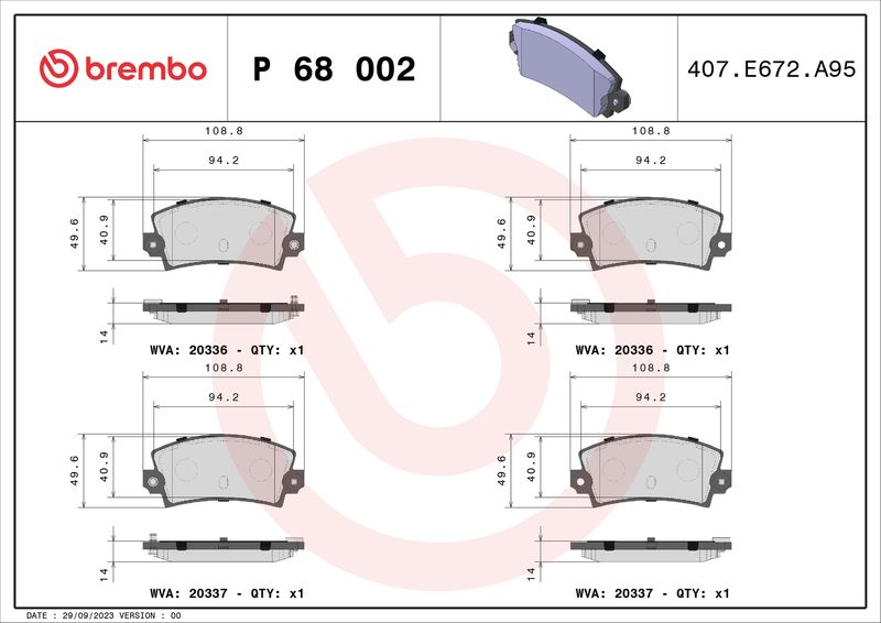 Комплект тормозных колодок, дисковый тормоз BREMBO P68002