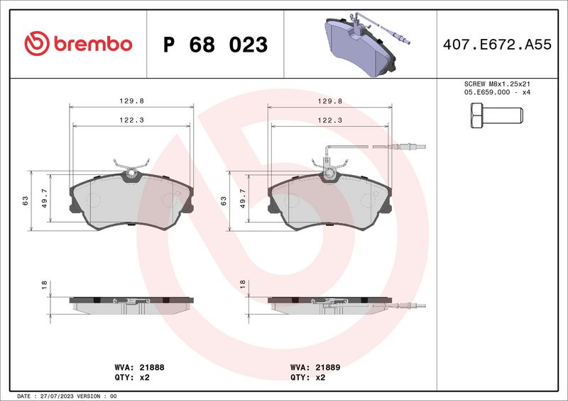 Комплект тормозных колодок, дисковый тормоз BREMBO P68023