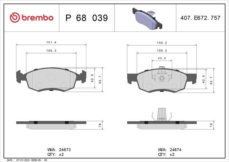 Комплект тормозных колодок, дисковый тормоз BREMBO P68039