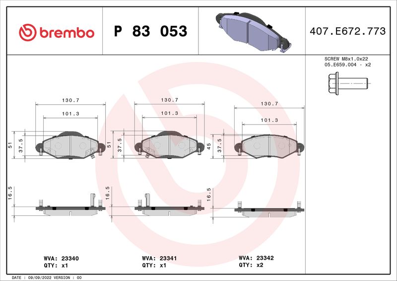 Комплект тормозных колодок, дисковый тормоз BREMBO P83053