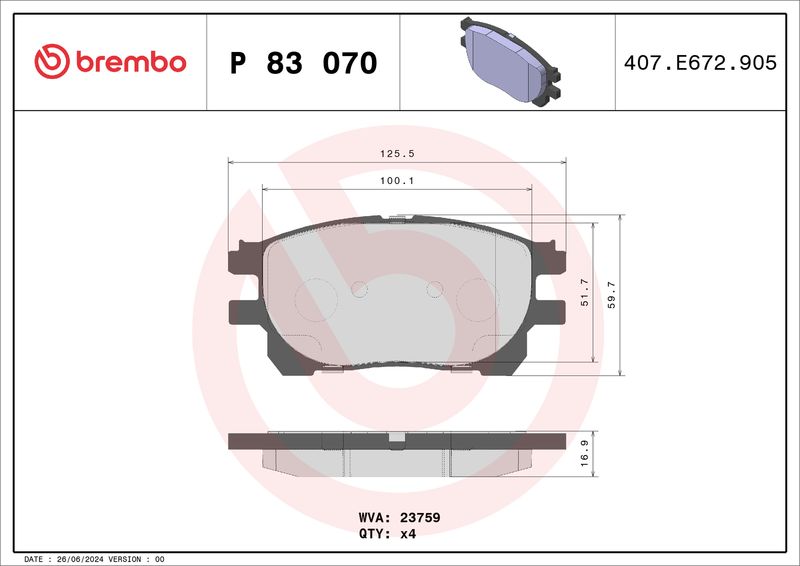 Комплект тормозных колодок, дисковый тормоз BREMBO P83070