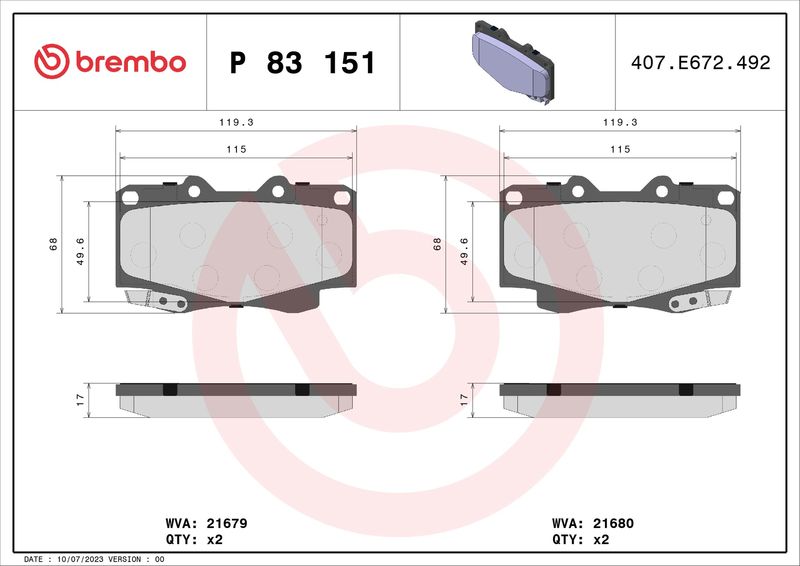Комплект тормозных колодок, дисковый тормоз BREMBO P83151