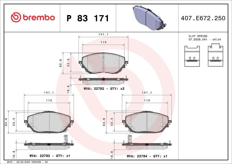 Комплект тормозных колодок, дисковый тормоз BREMBO P83171