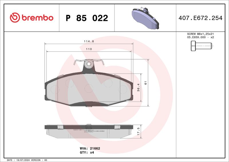 Комплект тормозных колодок, дисковый тормоз BREMBO P85022