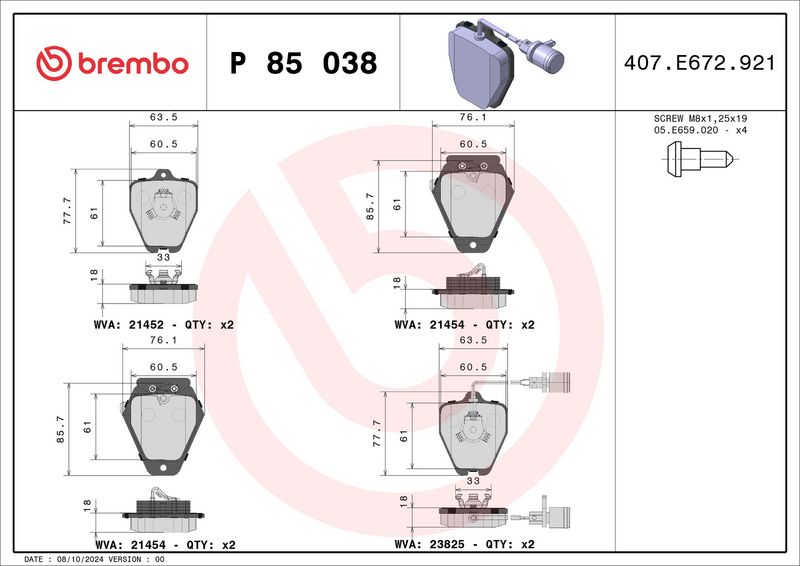 Комплект тормозных колодок, дисковый тормоз BREMBO P85038