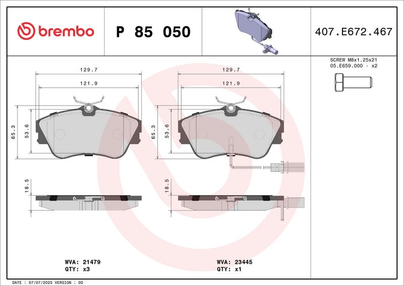 Комплект тормозных колодок, дисковый тормоз BREMBO P85050